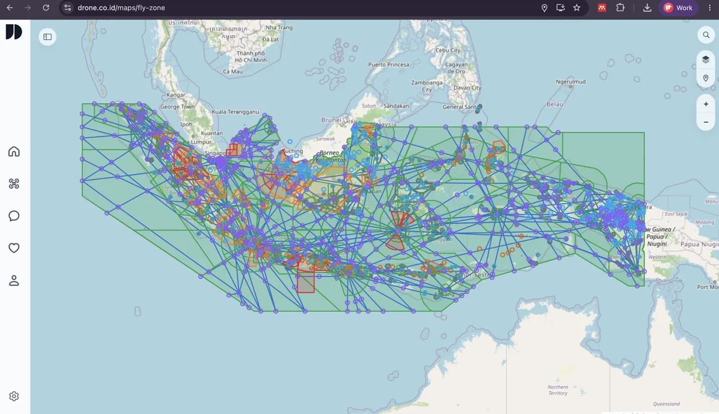 Tampilan peta Fly Zone Drone Indonesia yang menampilkan zona terbang drone di suatu wilayah