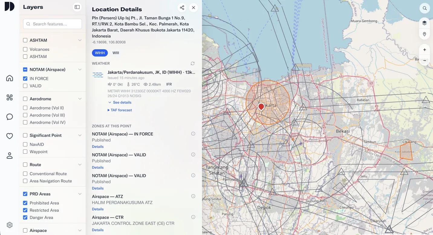Hasil Check Here yang menampilkan detail zona terbang pada satu titik di peta Drone Indonesia
